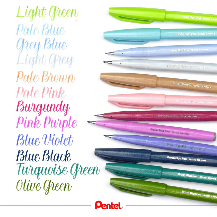 Pentel Brush Sign Pen Pastel Colors (Set of 12)