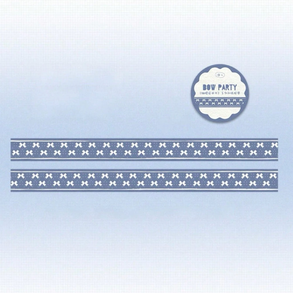 Design with decorative elements and 'Bow Party' branding on a light blue background