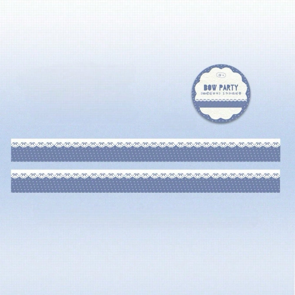Decorative paper with lace and polka dot patterns on a light blue background