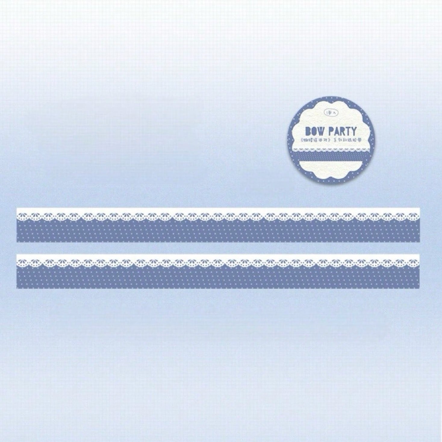 Decorative paper with lace and polka dot patterns on a light blue background